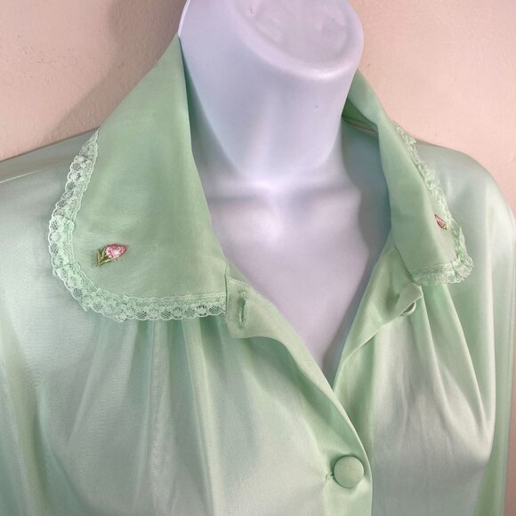 Vintage Womens Robe Housecoat Button Up Size M Lace Trim Chiffon Rockabilly - Picture 5 of 14